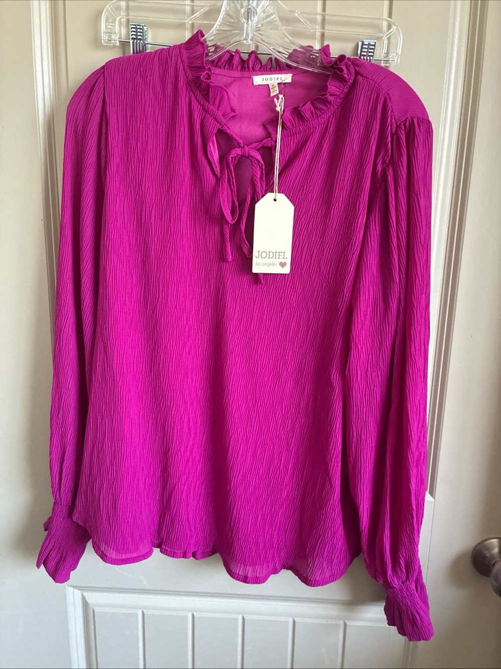 JODIFL Bright Fuchsia Tie-Neck Long Sleeve Blouse